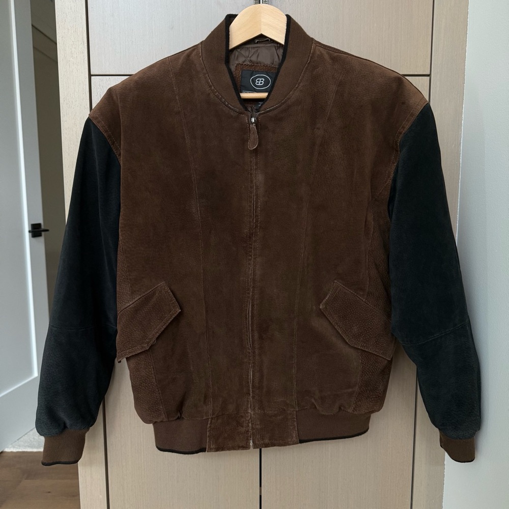Men’s Vintage Brown & Black Suede Bomber Jacket, S